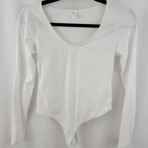 NEW BK. White Scoop Neck Long Sleeve Thong Bodysuit Size Small